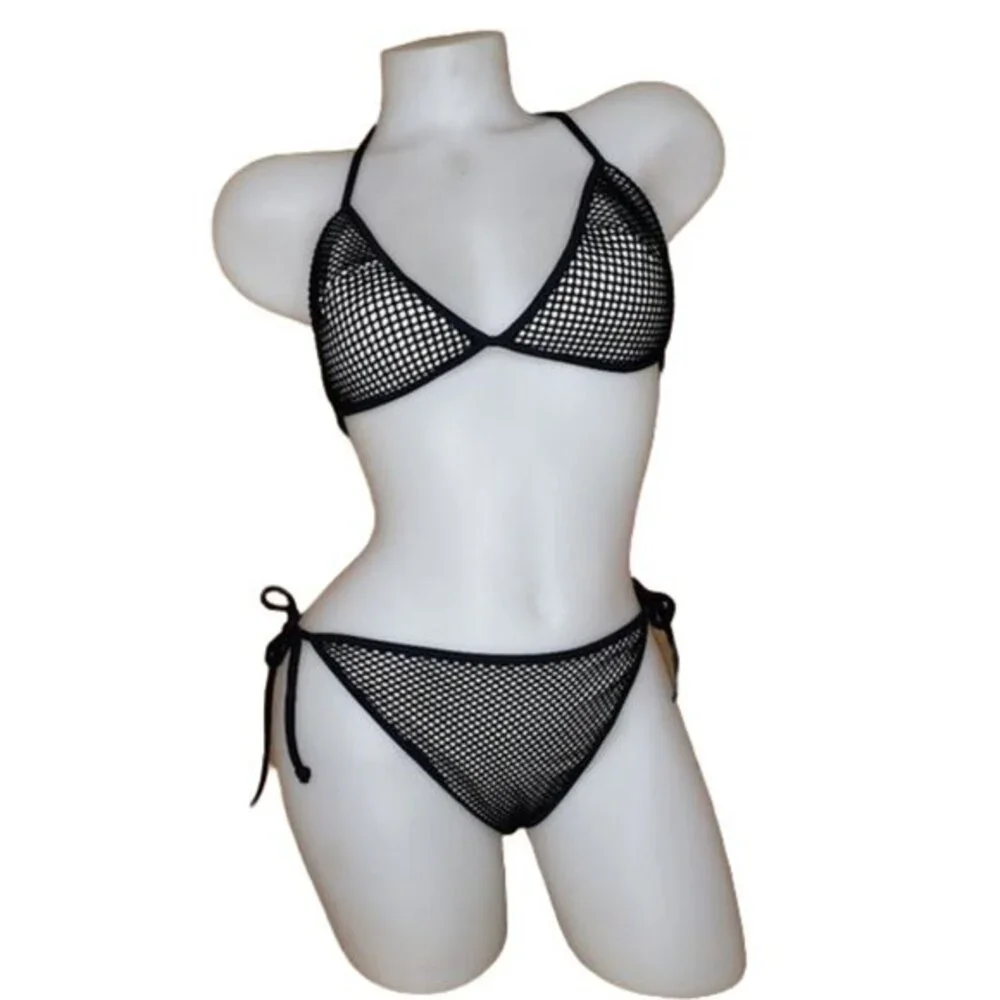 Vintage Victoria's Secret Black & White Fishnet Bikini Size Large